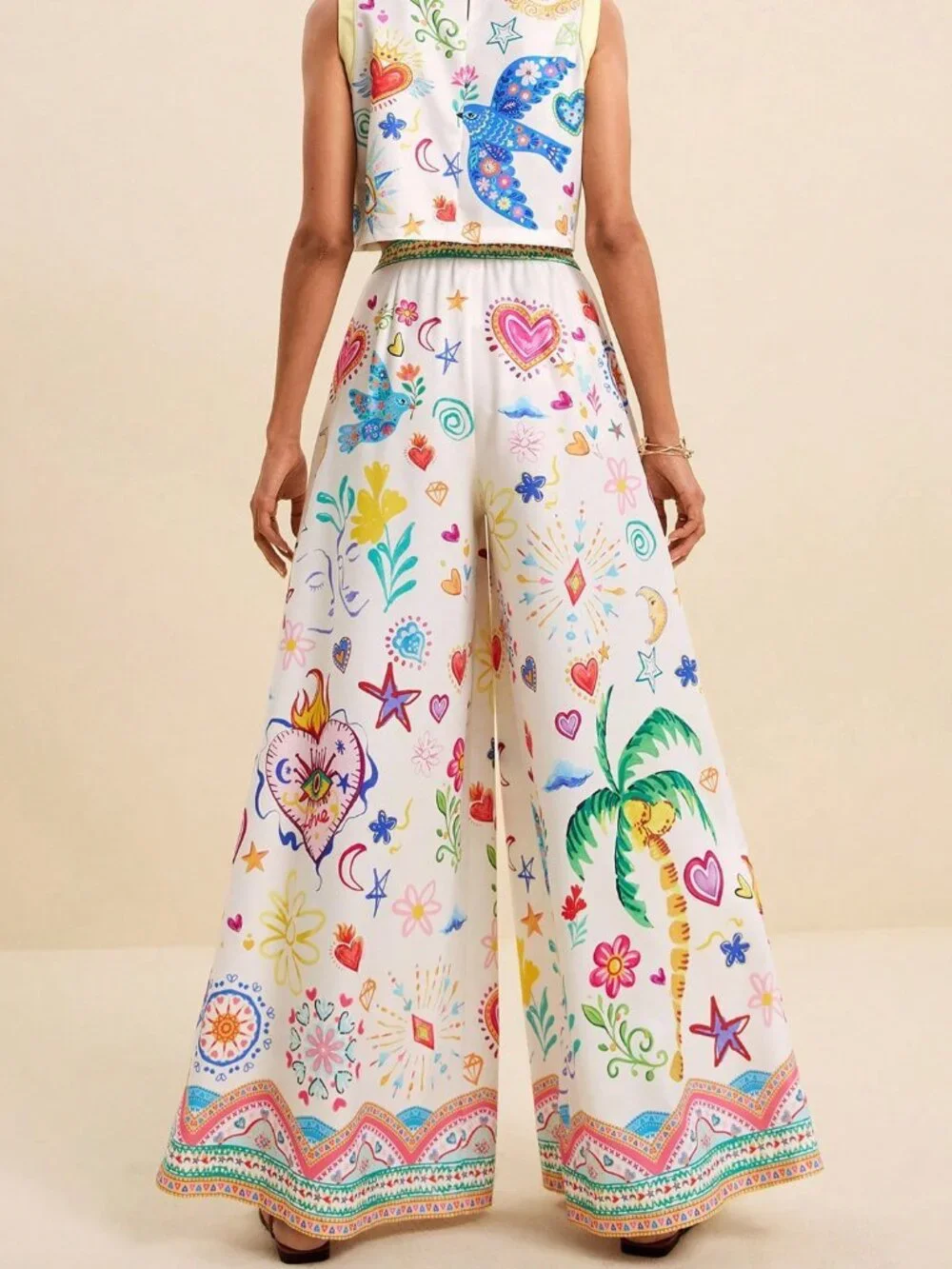 Multicolor Boho Women's Tropical Print Crop Top & Wide Leg Pants 2-Piece Set - Picture 2 of 9
